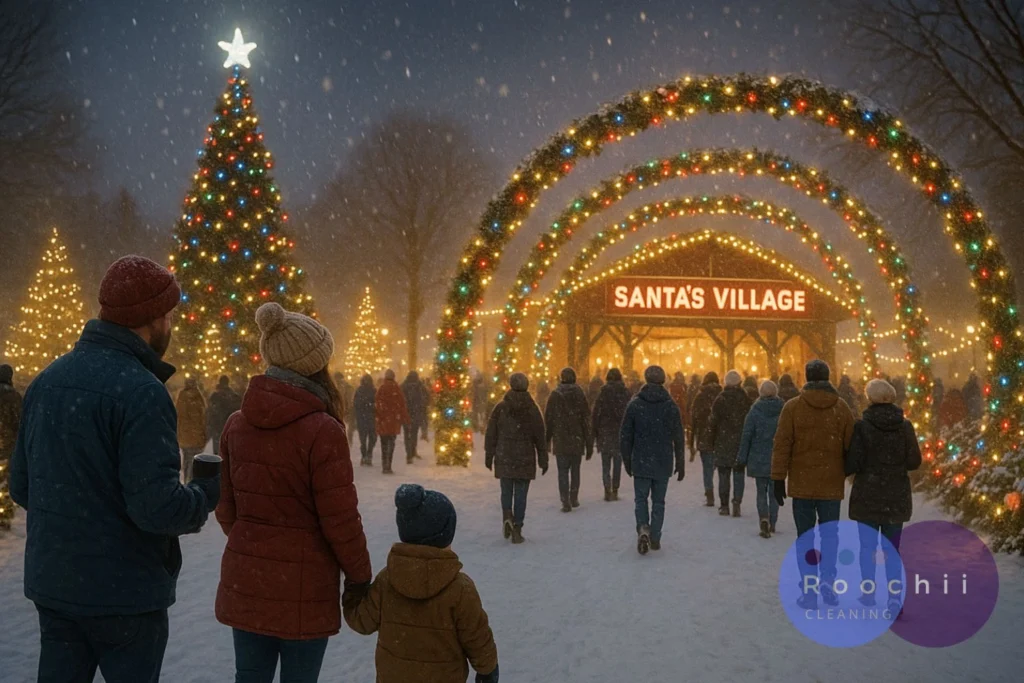 Families walk through snow-covered paths lined with holiday lights toward Santa’s Village at Thornton WinterFest 2025.