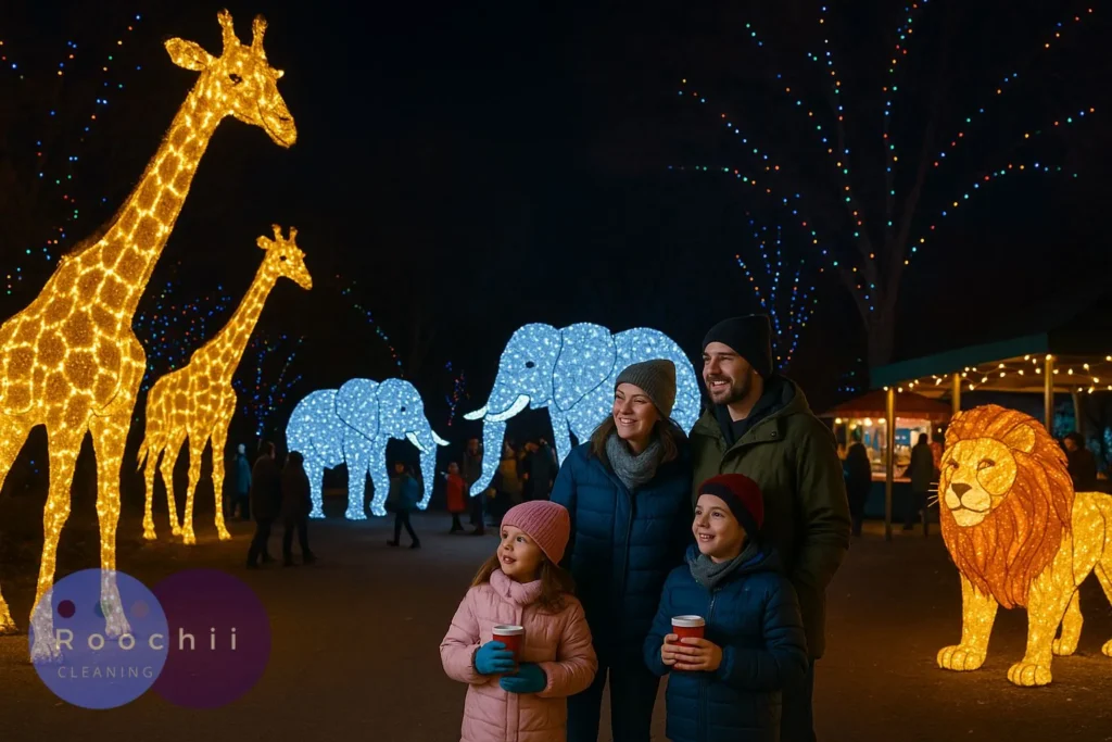 A family enjoying the zoo lights 2025 display with glowing giraffe, elephant, and lion installations at night.
