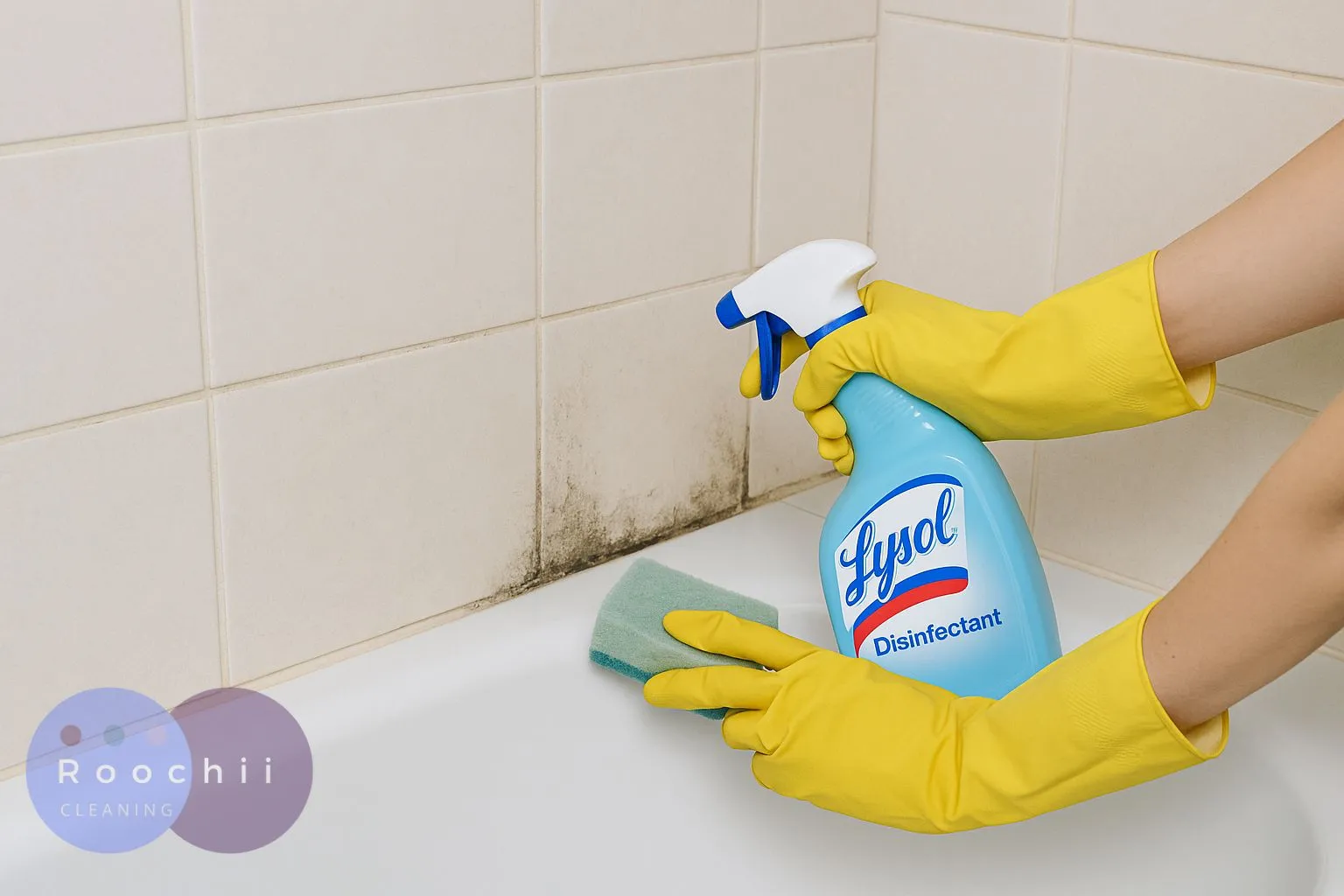 How to Clean Mold: A Comprehensive Guide to Mold Cleaning Methods 2 Person wearing yellow gloves using Lysol disinfectant spray and sponge to clean mold from bathroom tiles – demonstrating how to clean mold effectively.