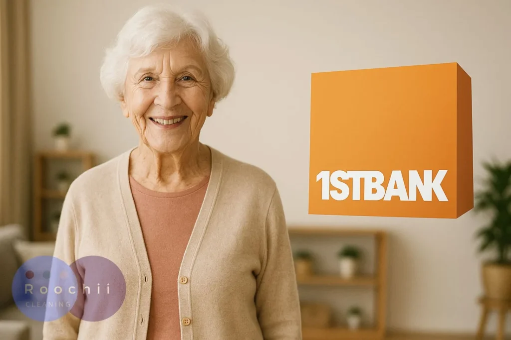 Smiling senior woman stands proudly beside the FirstBank logo, representing community empowerment through FirstBank Colorado Gives Day.
