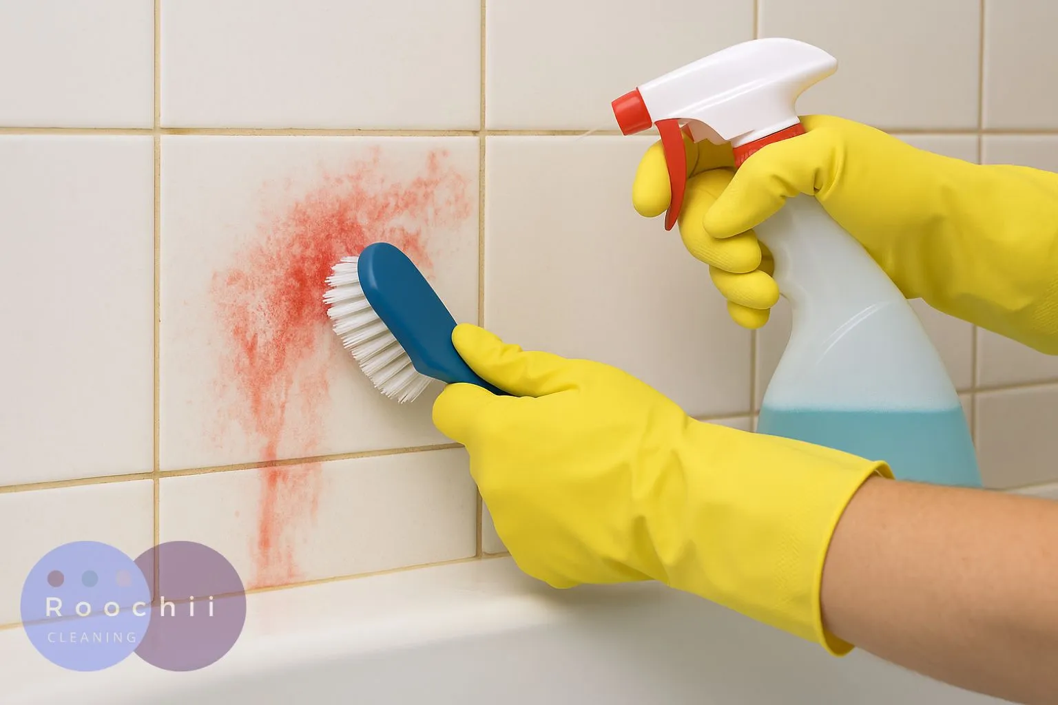 How to Clean Mold: A Comprehensive Guide to Mold Cleaning Methods 3 Person scrubbing red mold from bathroom tiles with a brush and cleaning spray – showing how to clean mold in its red form.