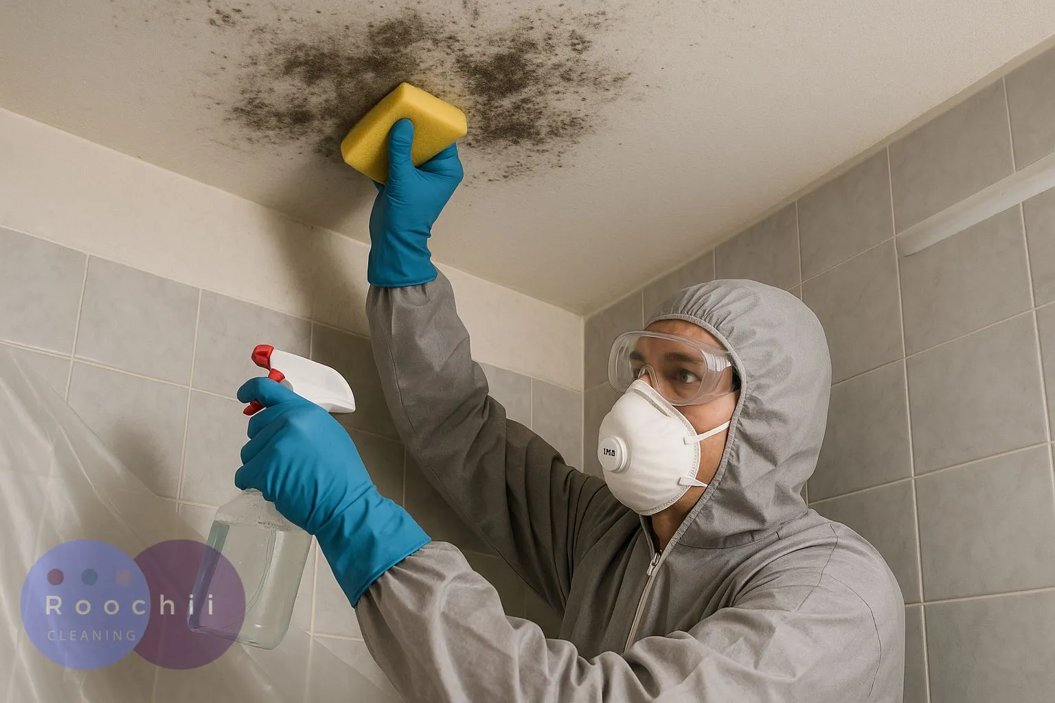 How to Clean Mold: A Comprehensive Guide to Mold Cleaning Methods 4 Professional cleaner removing black mold from a bathroom ceiling with spray and sponge – showcasing how to clean mold on ceilings.