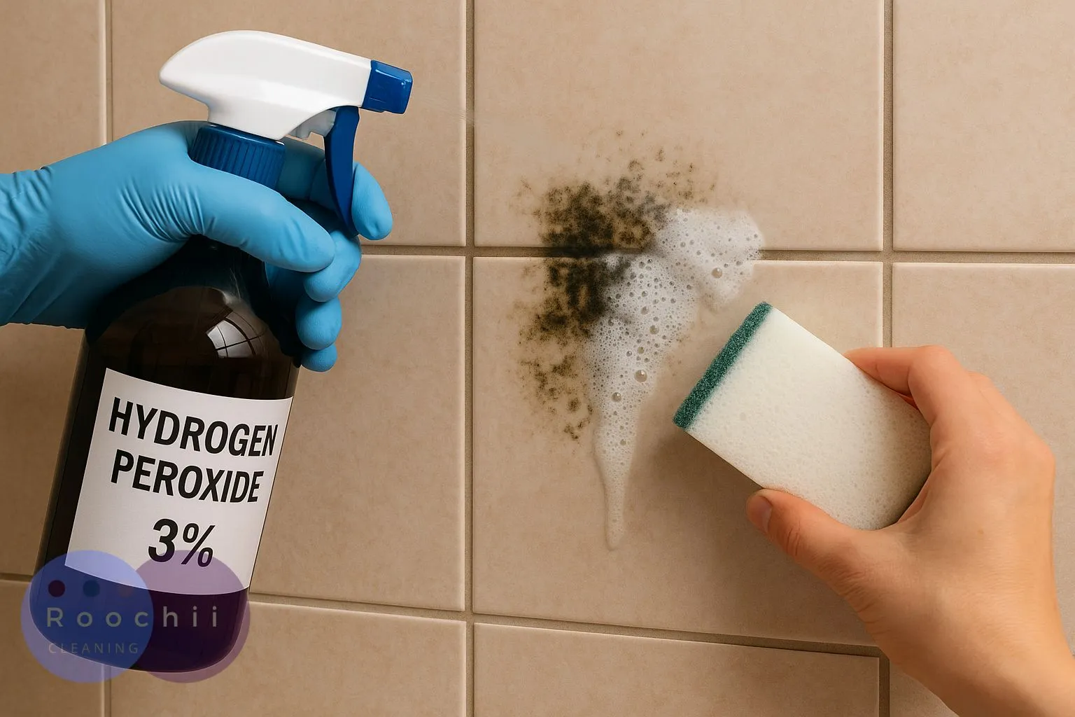 How to Clean Mold: A Comprehensive Guide to Mold Cleaning Methods 6 Person using hydrogen peroxide and sponge to clean black mold from bathroom tiles – demonstrating how to clean mold with natural solutions.
