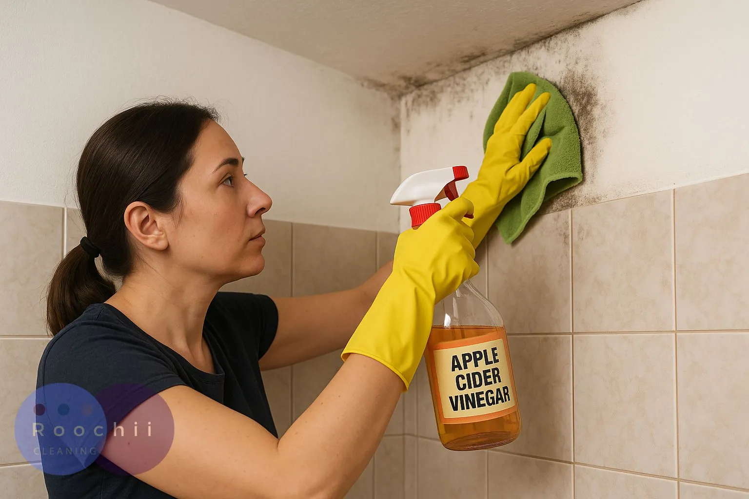 How to Clean Mold: A Comprehensive Guide to Mold Cleaning Methods 5 Woman using apple cider vinegar and a cloth to clean black mold from a bathroom wall – demonstrating how to clean mold naturally.