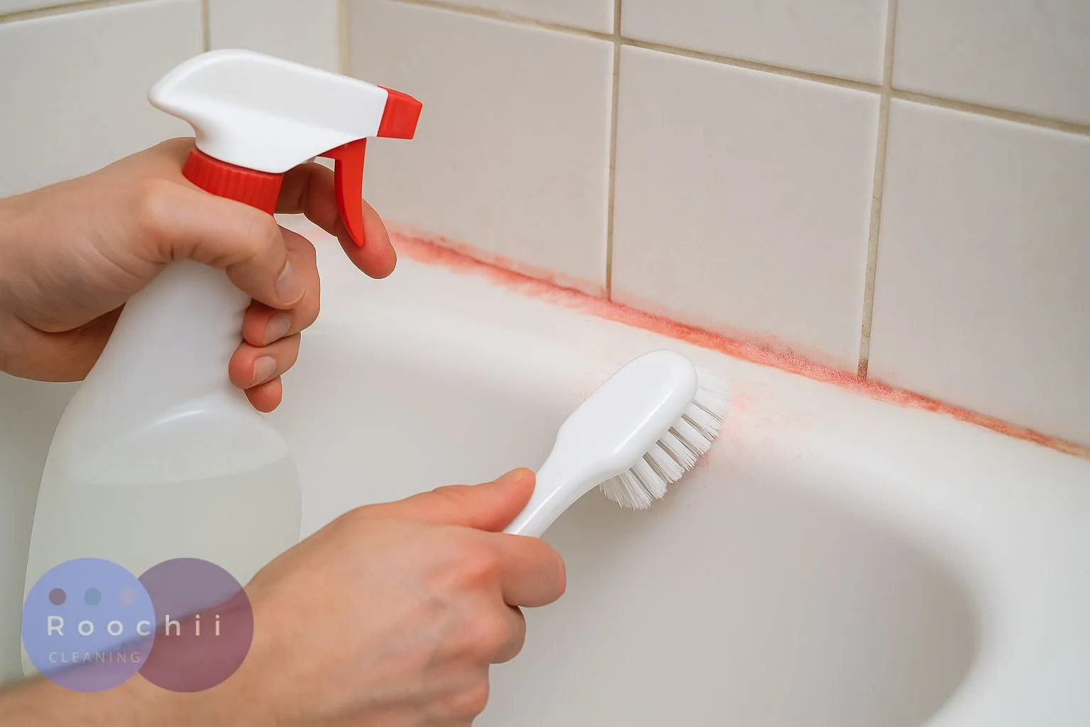 How to Clean Mold: A Comprehensive Guide to Mold Cleaning Methods 11 How to clean mold with bleach – removing pink mold from bathtub tiles using a spray bottle and scrub brush.