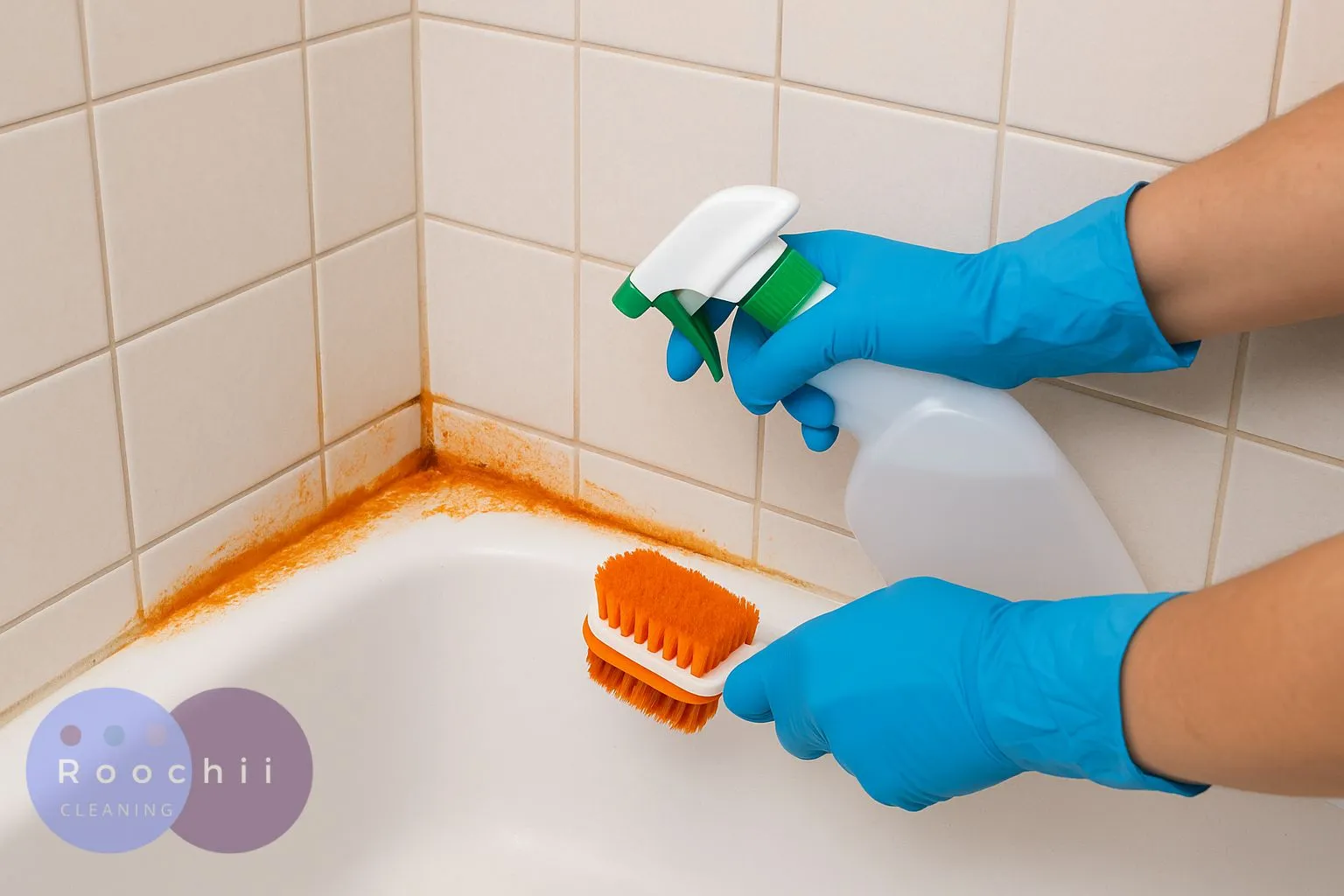 How to Clean Mold: A Comprehensive Guide to Mold Cleaning Methods 21 How to clean mold in the shower – spraying and scrubbing orange mold from tile and tub edges.