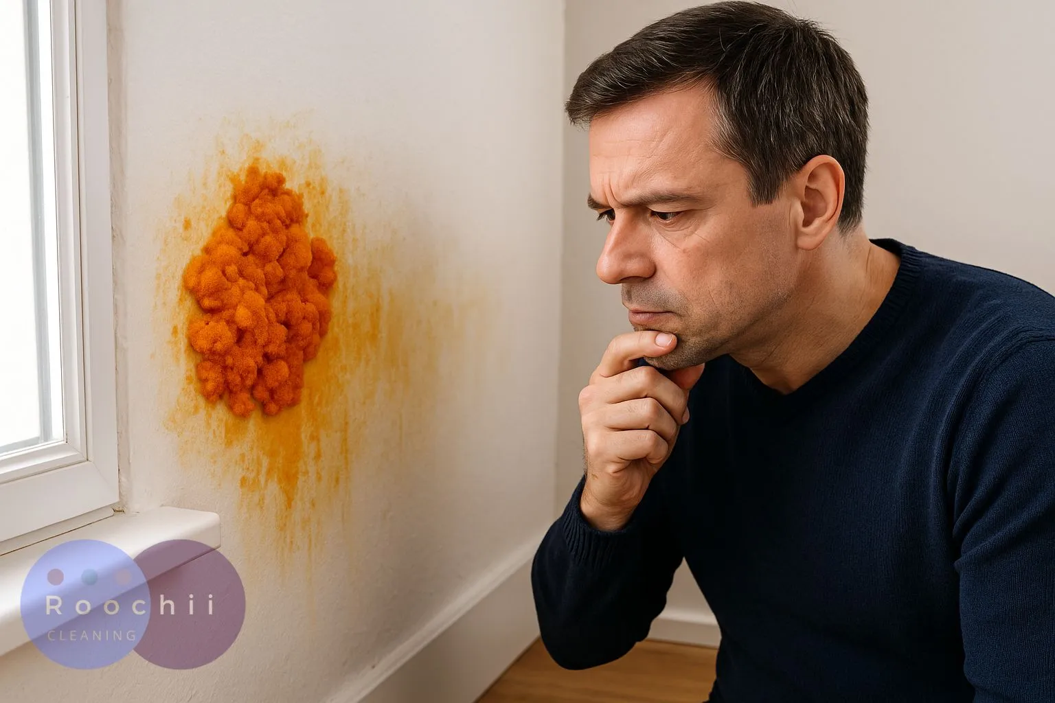 How to Clean Mold: A Comprehensive Guide to Mold Cleaning Methods 22 How to clean mold and understand orange mold health risks – man inspecting dangerous orange mold on a wall.