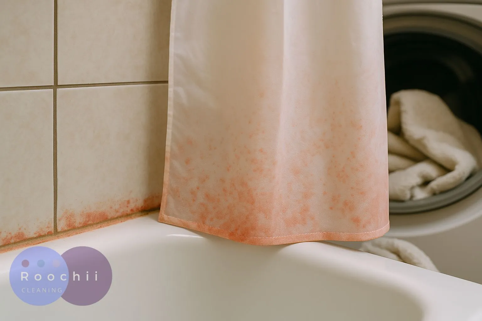How to Clean Mold: A Comprehensive Guide to Mold Cleaning Methods 12 How to clean mold from a shower curtain – pink mold buildup on fabric near bathtub tiles.