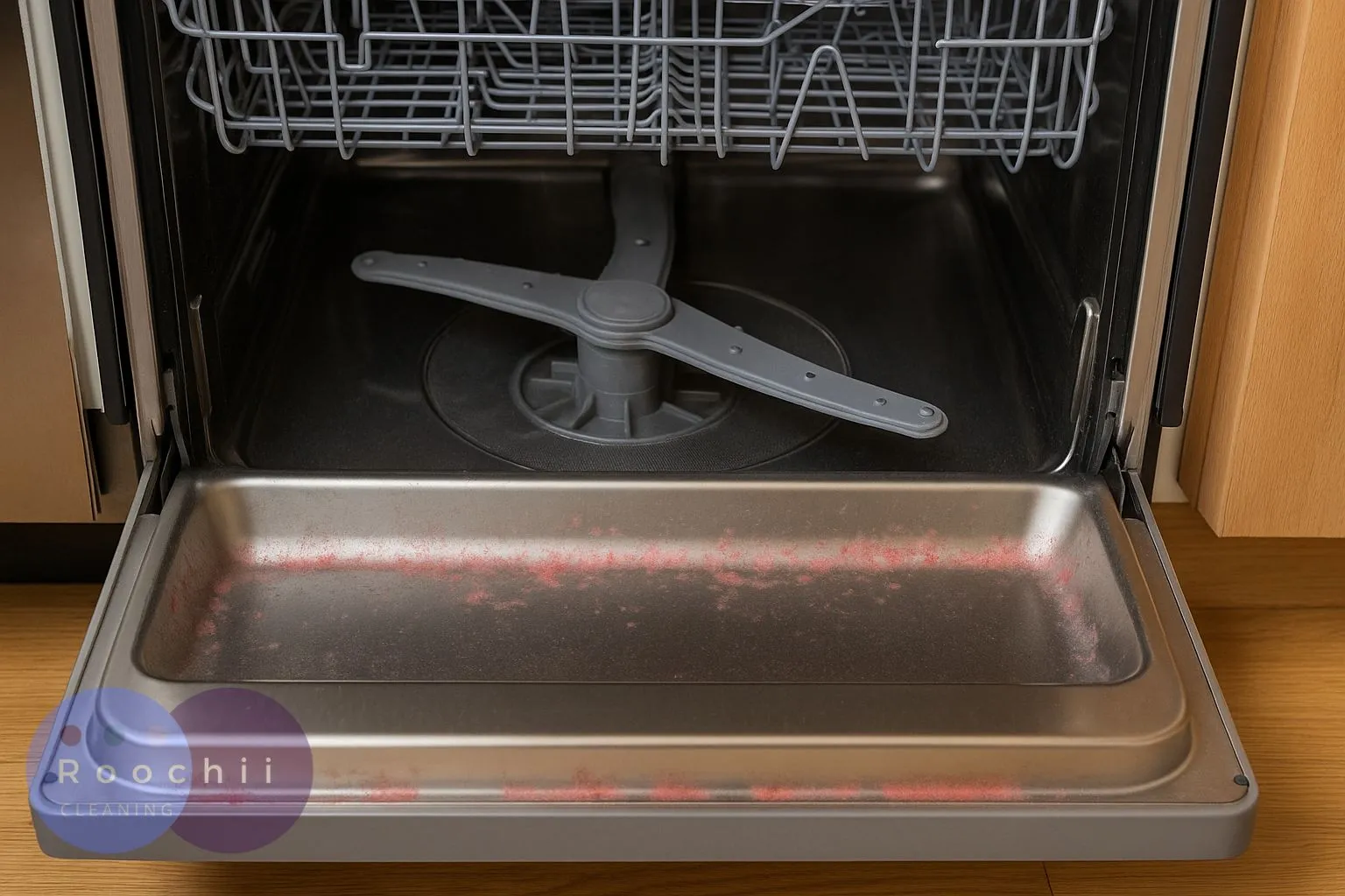 How to Clean Mold: A Comprehensive Guide to Mold Cleaning Methods 14 How to clean mold in a dishwasher – visible pink mold along the bottom rim of the appliance.
