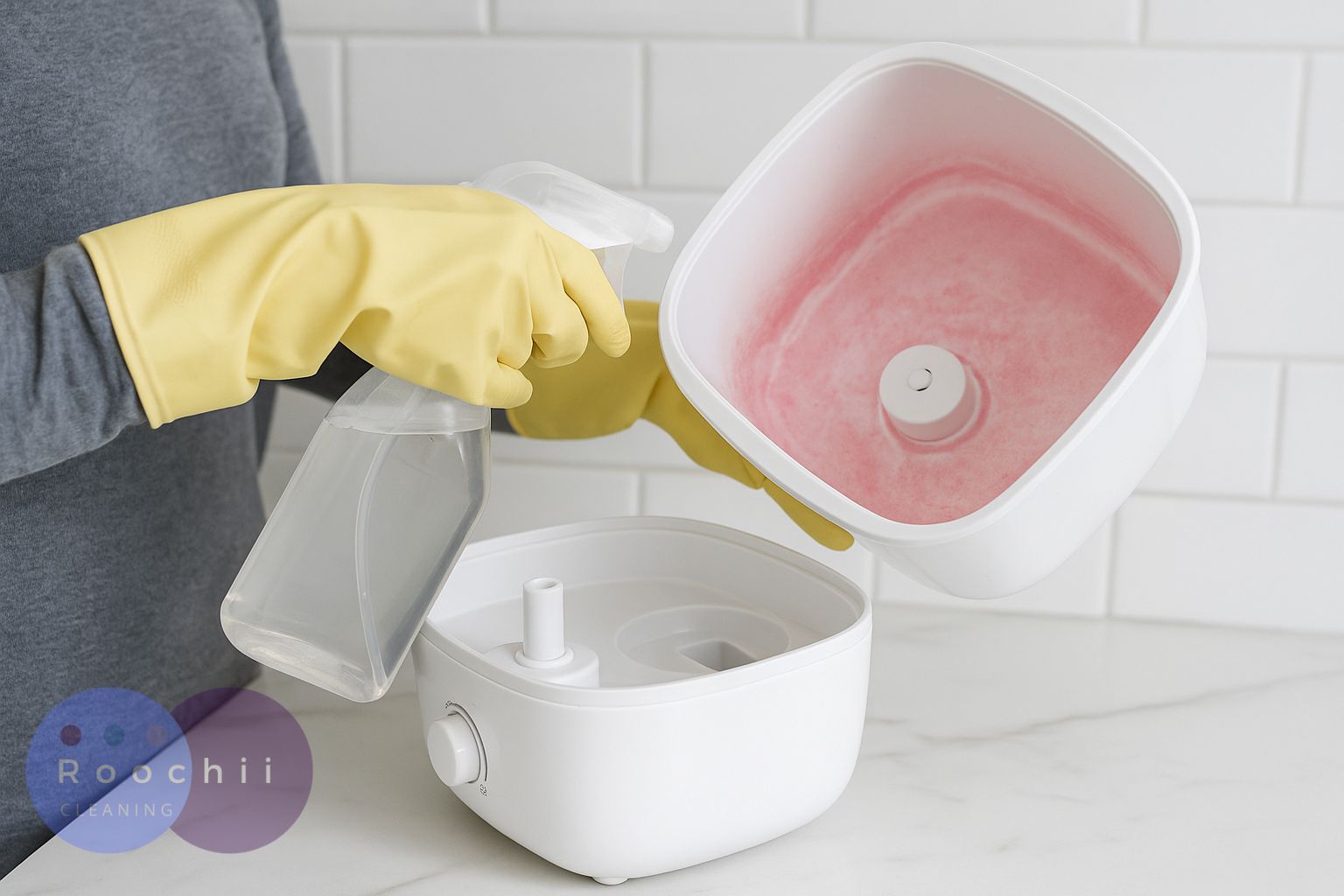 How to Clean Mold: A Comprehensive Guide to Mold Cleaning Methods 16 How to clean mold from a humidifier – pink mold residue inside water tank being treated with spray.