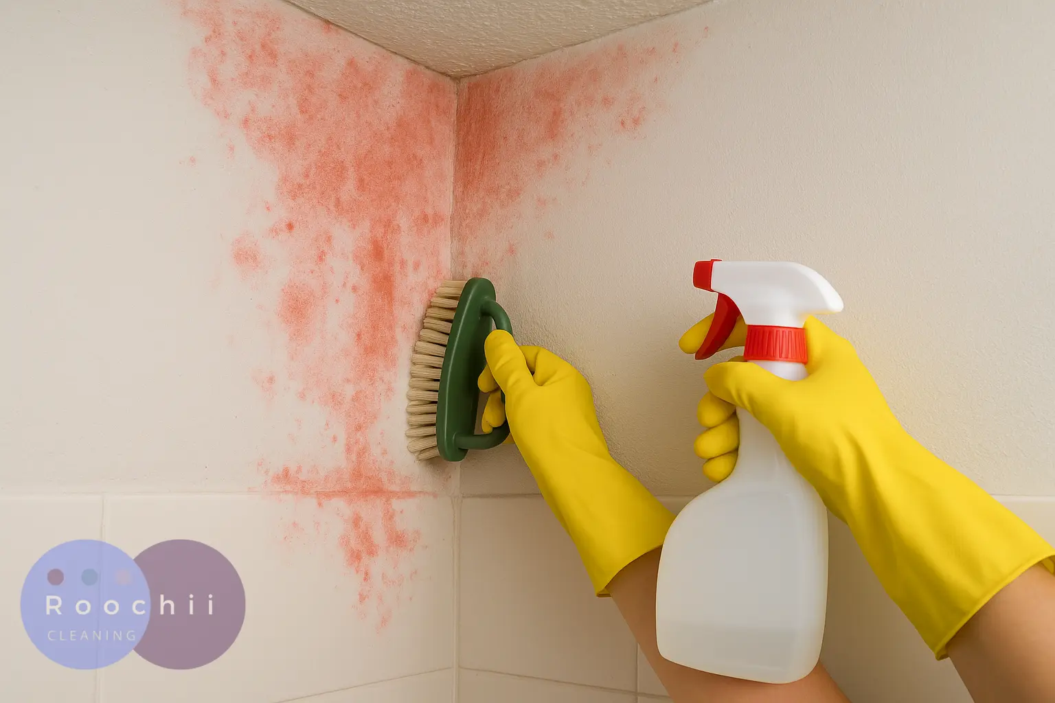 How to Clean Mold: A Comprehensive Guide to Mold Cleaning Methods 17 How to clean mold on bathroom walls – scrubbing pink mold with a brush and cleaning spray.
