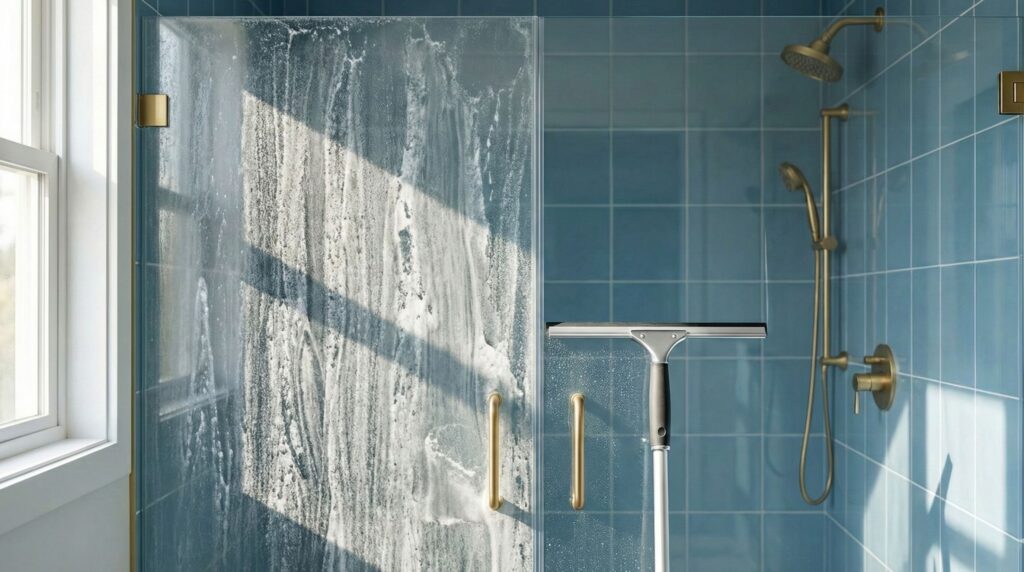A close-up of a glass door covered in white residue next to a squeegee, illustrating the need to remove soap scum from shower surfaces.