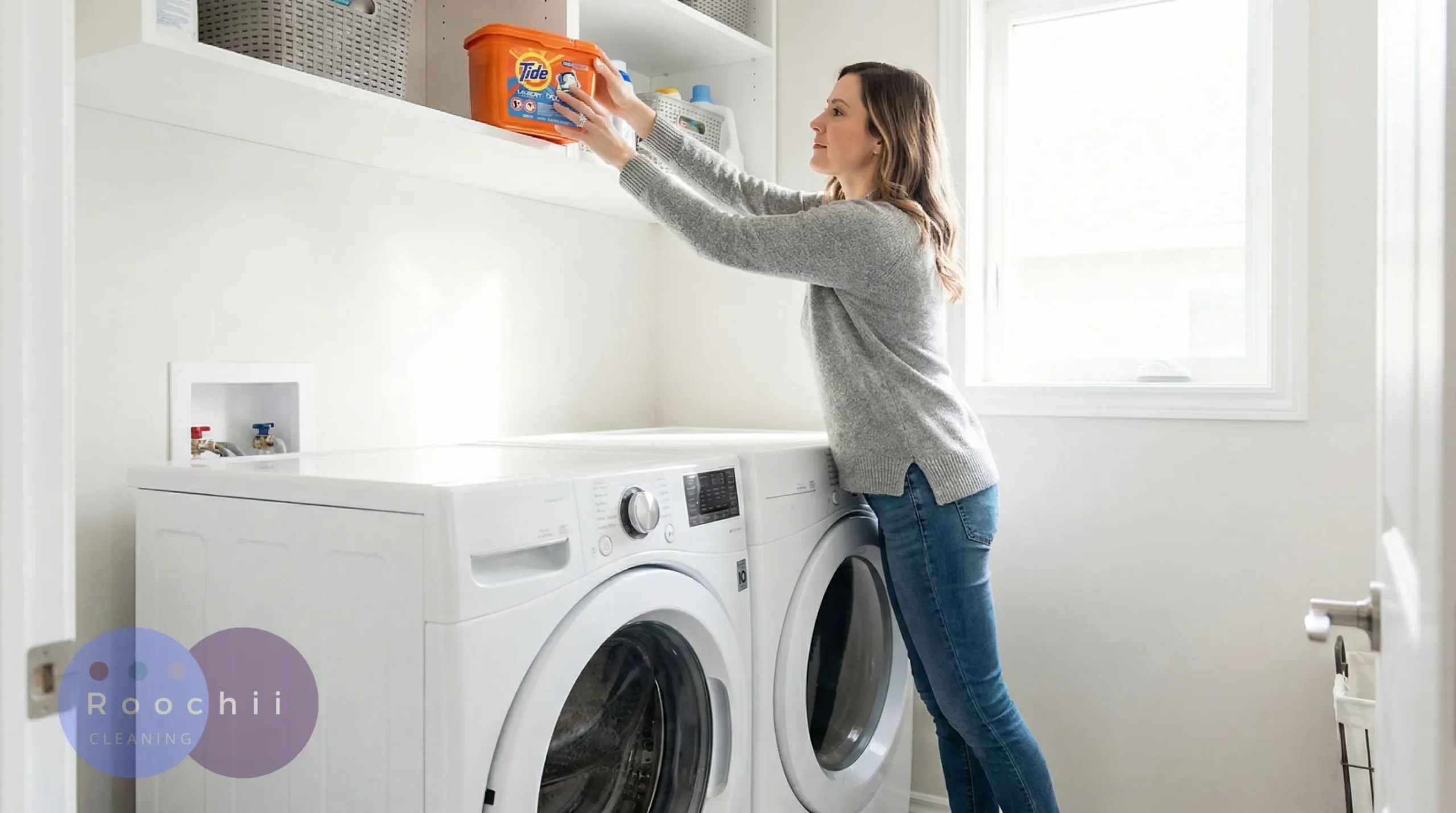 Where Should Cleaning Supplies Be Stored? 1 A woman placing a container of laundry detergent on a high shelf above a washing machine, demonstrating where should cleaning supplies be stored safely away from children.