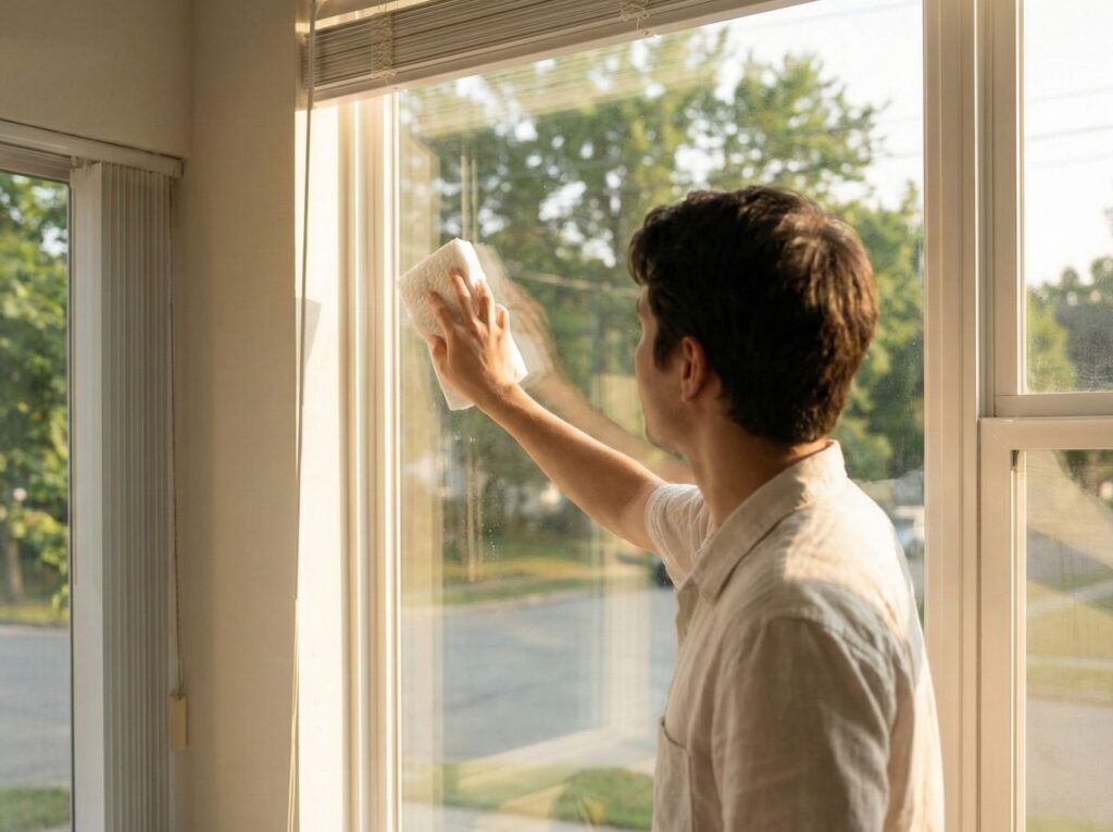 Person gently using a damp magic eraser on glass living room window in bright sunlight to clean smudges.