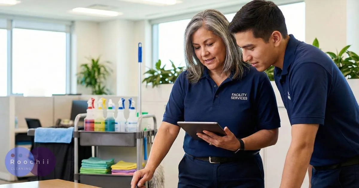 Who Sets Cleaning Standards: Industry Explained 1 Facility services supervisor reviewing cleaning standards on a tablet with a staff member in a modern office environment.