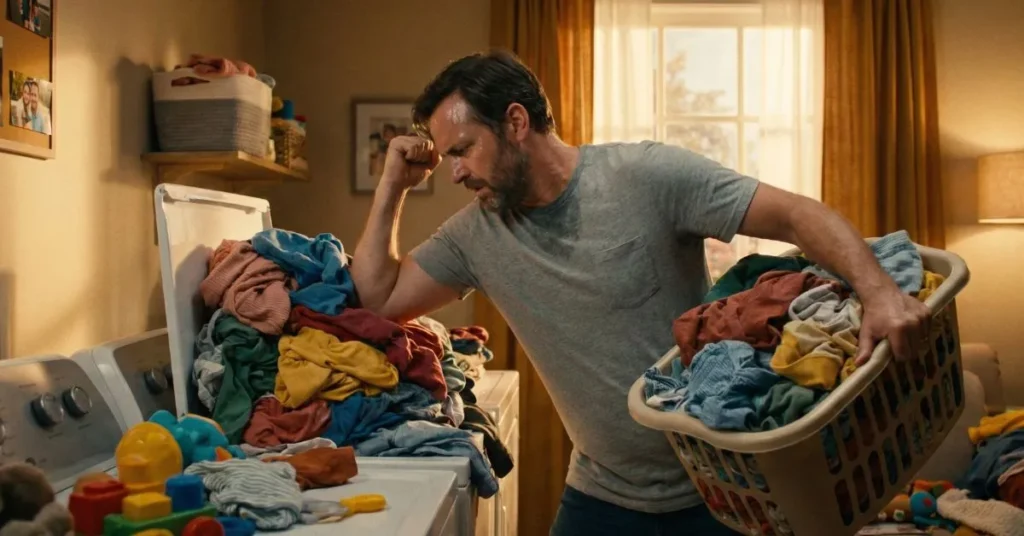 How to get detergent stains out of clothes shown by a man handling overloaded laundry, highlighting residue issues caused by excess detergent and overcrowded washing