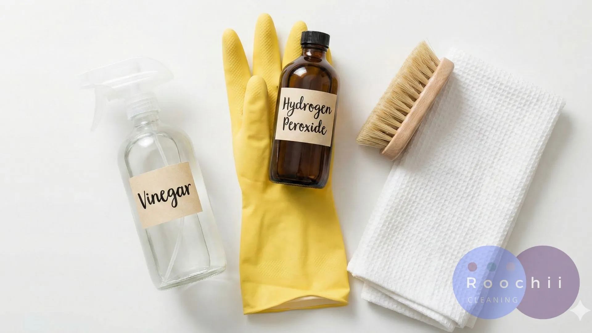 How to Clean Mold: A Comprehensive Guide to Mold Cleaning Methods 1 Cleaning supplies for how to clean mold, including vinegar, hydrogen peroxide, scrub brush, gloves, and cloth.