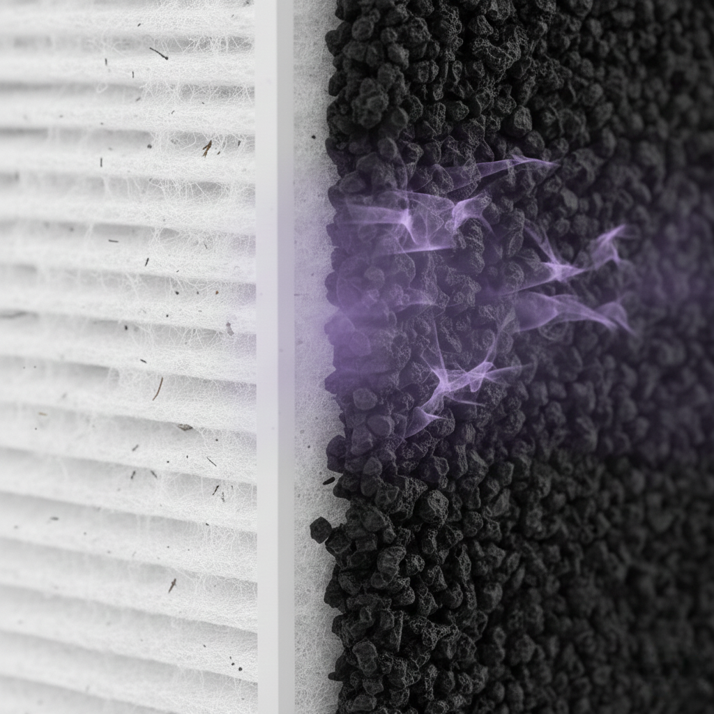 HEPA Filter for Pet Dander: Does It Really Reduce Odors? 3 Close-up view of a HEPA filter for pet dander alongside activated carbon material showing how particles and odors are trapped