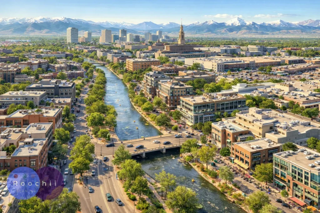 Best cleaning services Cherry Creek showcasing a beautiful aerial view of the Cherry Creek neighborhood with the river, modern buildings, and mountain backdrop