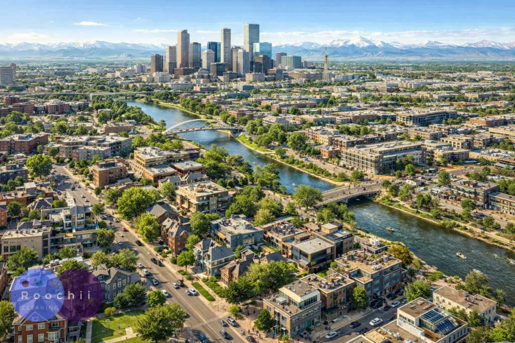 Best cleaning services Highland shown in an aerial view of the Highland neighborhood with the river, tree-lined streets, modern homes, and Denver skyline