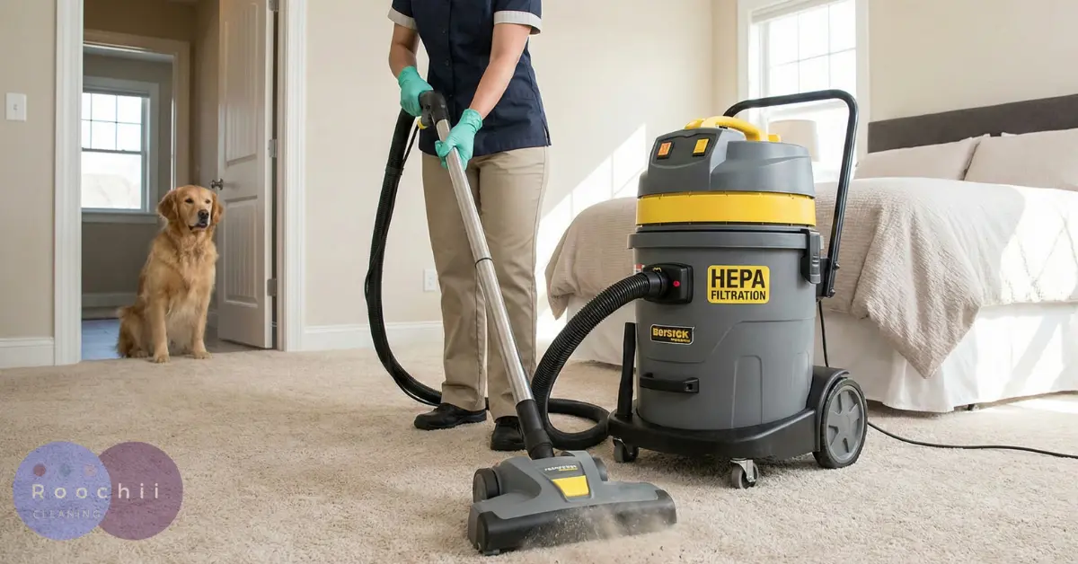 HEPA Filter for Pet Dander: Does It Really Reduce Odors? 1 Professional vacuum cleaner with a HEPA filter for pet dander removing pet hair and allergens from carpet in a home with a dog