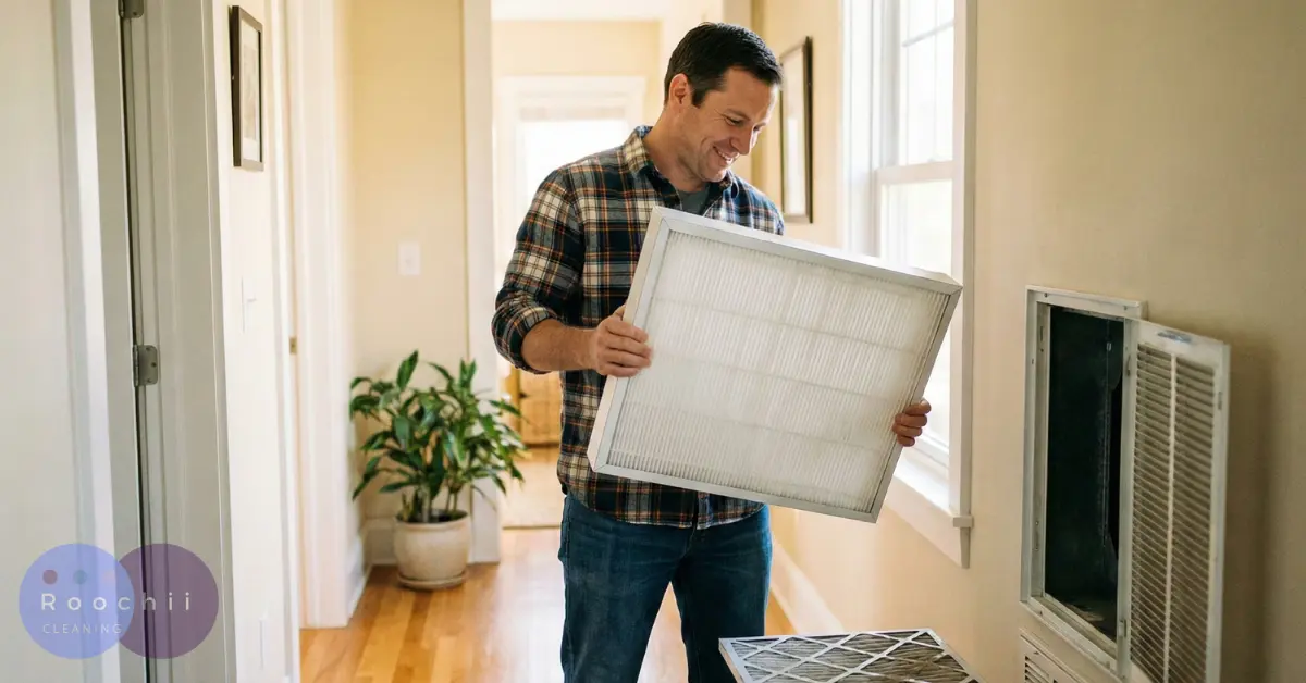 Man inspecting a clean HEPA air filter next to a home HVAC vent, illustrating the difference between a HEPA filter vs regular filter for indoor air quality.