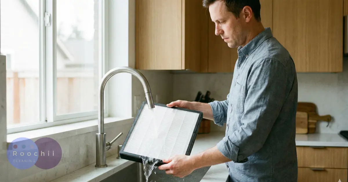 How to clean HEPA filter by rinsing it under running water in a kitchen sink