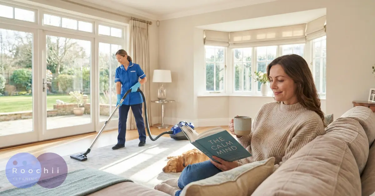 A woman relaxes on a sofa reading while a professional cleaner vacuums the living room, showing how to keep a clean house with ADHD by reducing overwhelm and outsourcing tasks.