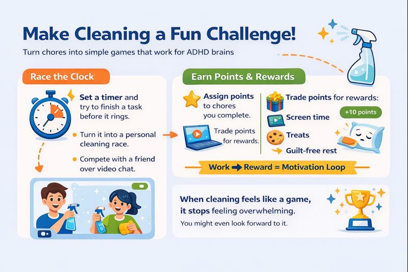 Infographic showing how to keep a clean house with ADHD by turning cleaning into a game using timers, points, rewards, and motivation loops.