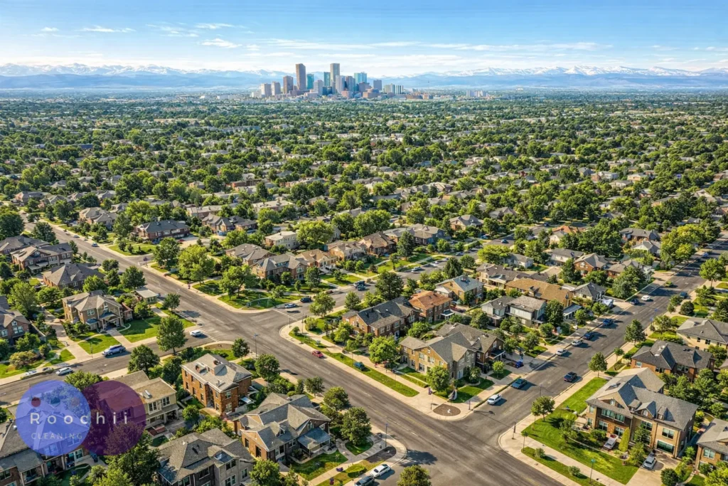 Best cleaning services Hilltop shown in an aerial view of the Hilltop neighborhood with well-kept homes, tree-lined streets, and the Denver skyline in the distance