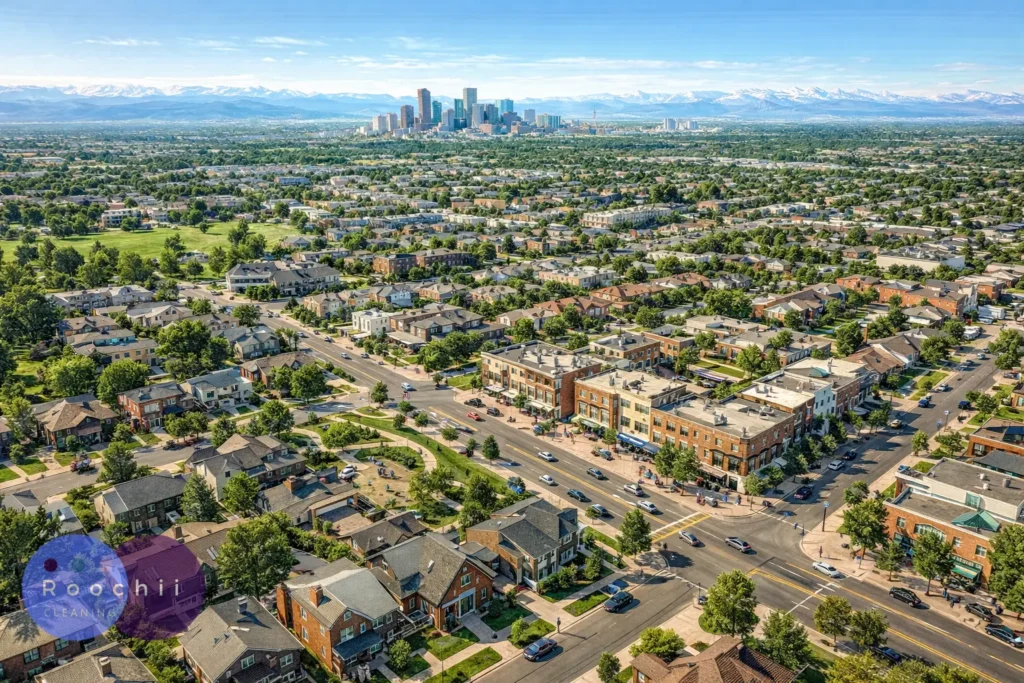 Best cleaning services Lowry shown in an aerial view of the Lowry neighborhood with residential homes, local shops, tree-lined streets, and the Denver skyline