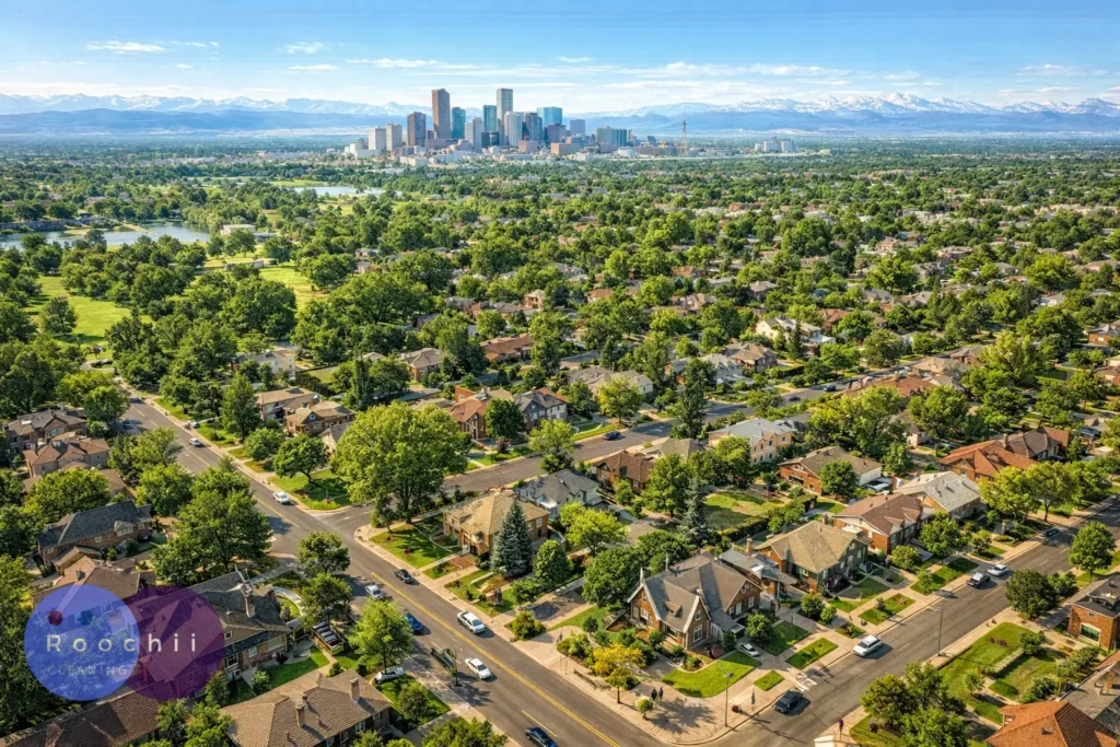 Best cleaning services Park Hill shown in an aerial view of the Park Hill neighborhood with tree-lined streets, residential homes, green spaces, and the Denver skyline
