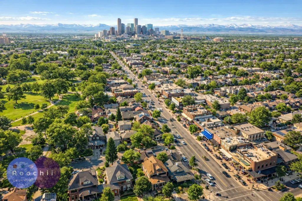Best cleaning services Platt Park shown in an aerial view of the Platt Park neighborhood with tree-lined streets, local shops, residential homes, and the Denver skyline in the distance