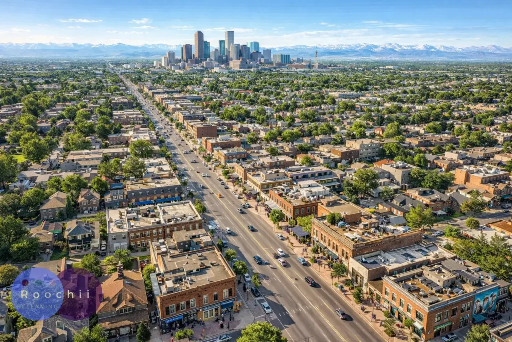 Best cleaning services South Broadway shown in an aerial view of the South Broadway corridor with local businesses, residential streets, and the Denver skyline