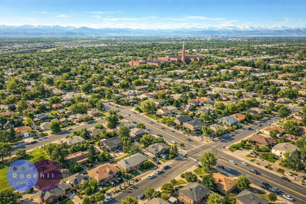 Best cleaning services University Hills shown in an aerial view of the University Hills neighborhood with residential homes, tree-lined streets, and mountain views