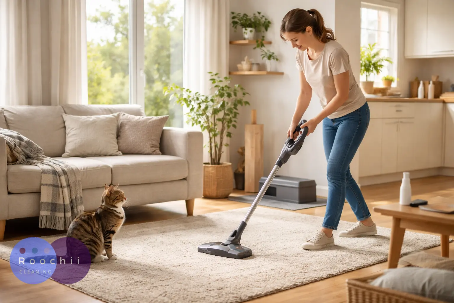 Woman vacuuming a living room carpet while her cat watches, illustrating cleaning tips for cat owners to manage pet hair and maintain a tidy home.