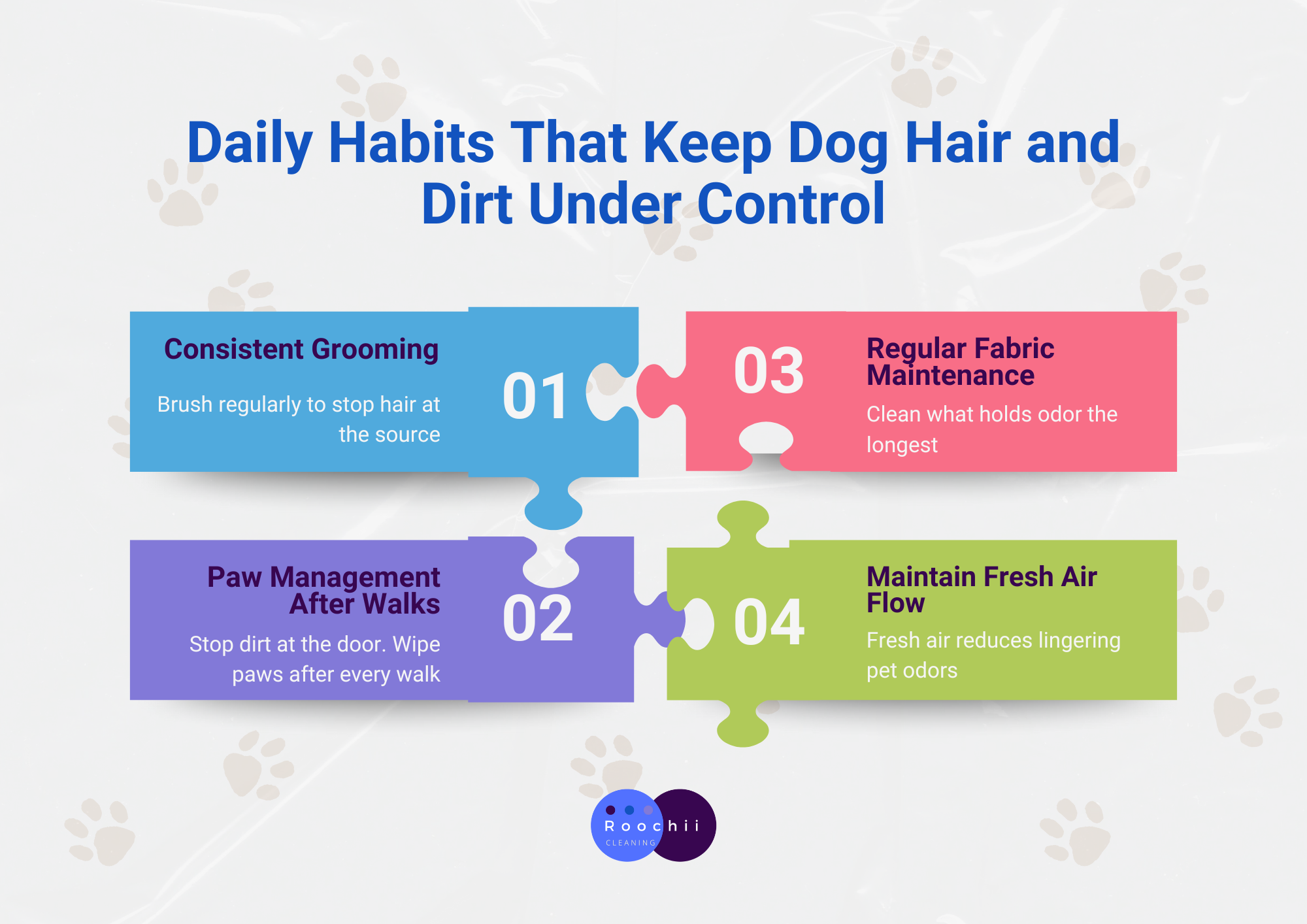 How to Keep Your Home Clean With a Dog 2 Infographic showing daily habits like grooming, paw cleaning, fabric maintenance, and air circulation tips for how to keep your home clean with a dog.