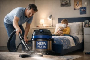 Father using a HEPA filter vacuum to clean a child’s bedroom carpet, demonstrating what is a HEPA filter vacuum for reducing dust and allergens.