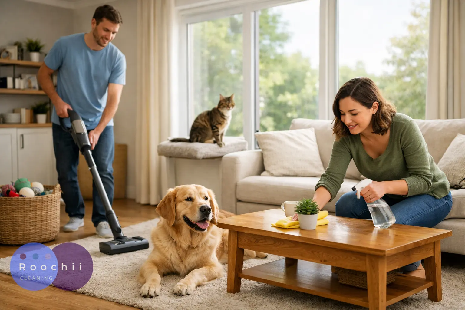 Couple cleaning living room with golden retriever and cat, demonstrating house cleaning tips for pet owners like vacuuming pet hair and disinfecting surfaces