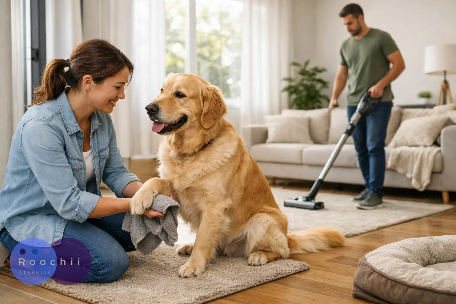How to Keep Your Home Clean With a Dog 1 Woman wiping her golden retriever’s paw while a man vacuums the living room, demonstrating how to keep your home clean with a dog.