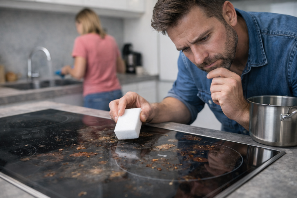 Person inspecting burnt residue on a glass stove top while holding a Magic Eraser sponge during the cleaning process.