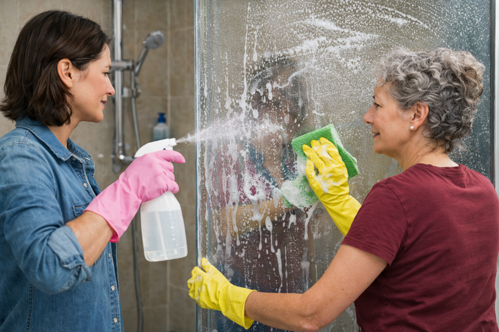 Two people removing soap scum from a glass shower door using spray cleaner and sponge.