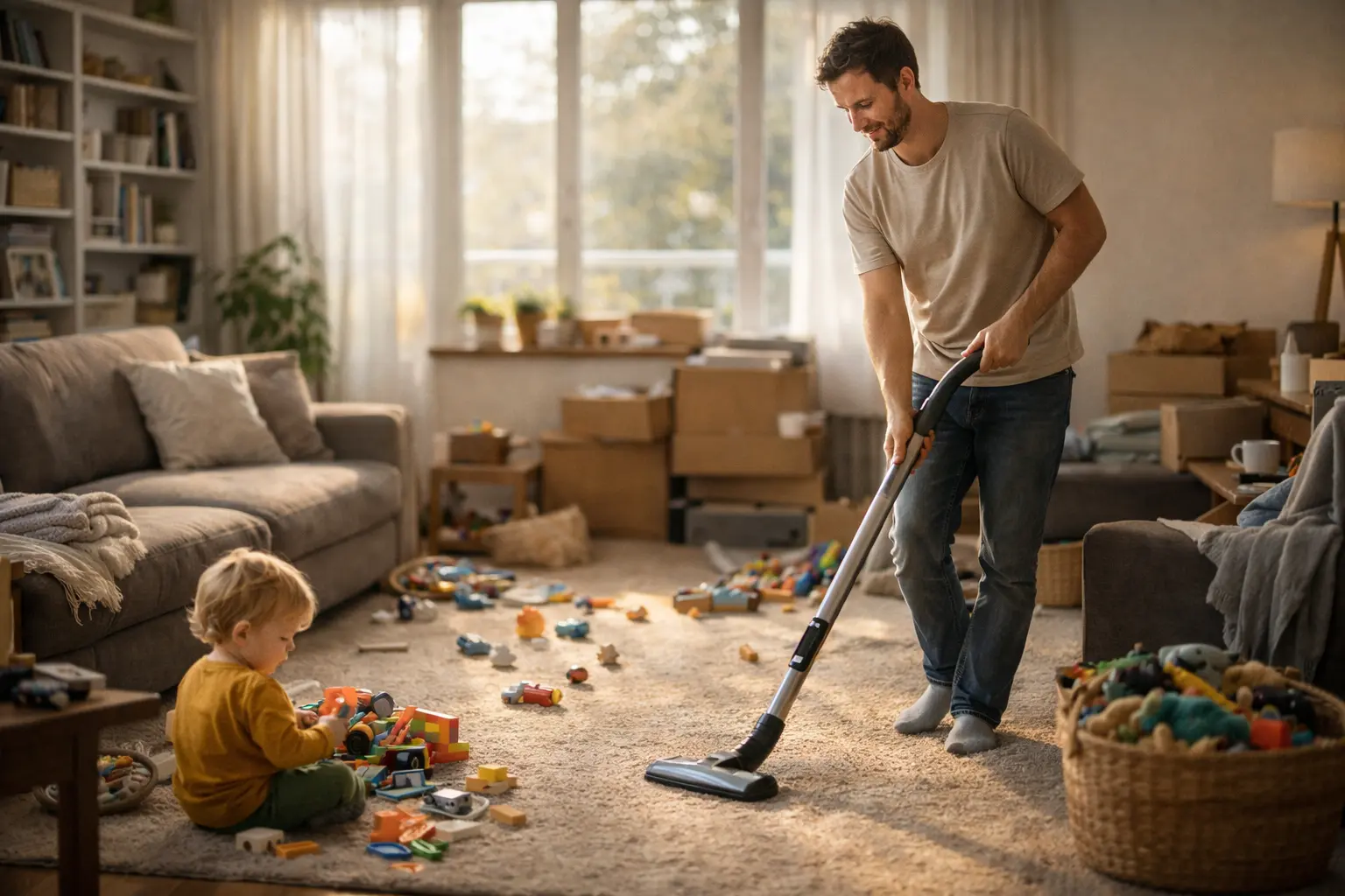 Father vacuuming a living room floor while child plays with toys, showing why is cleaning therapeutic for stress relief and family balance.