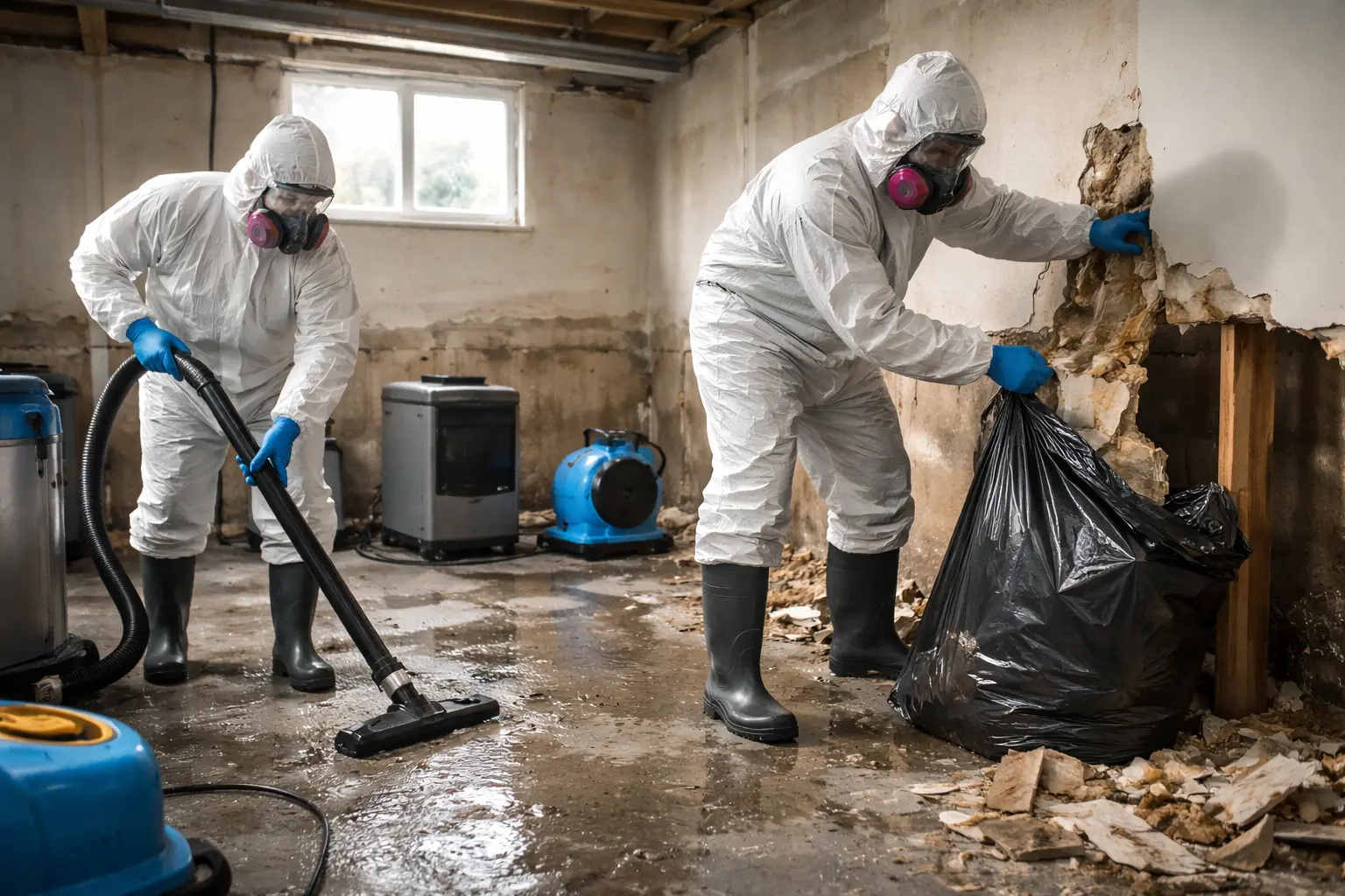 Professionals in full protective suits demonstrating how to clean up contaminated house by removing damaged drywall and vacuuming hazardous debris in a flooded basement