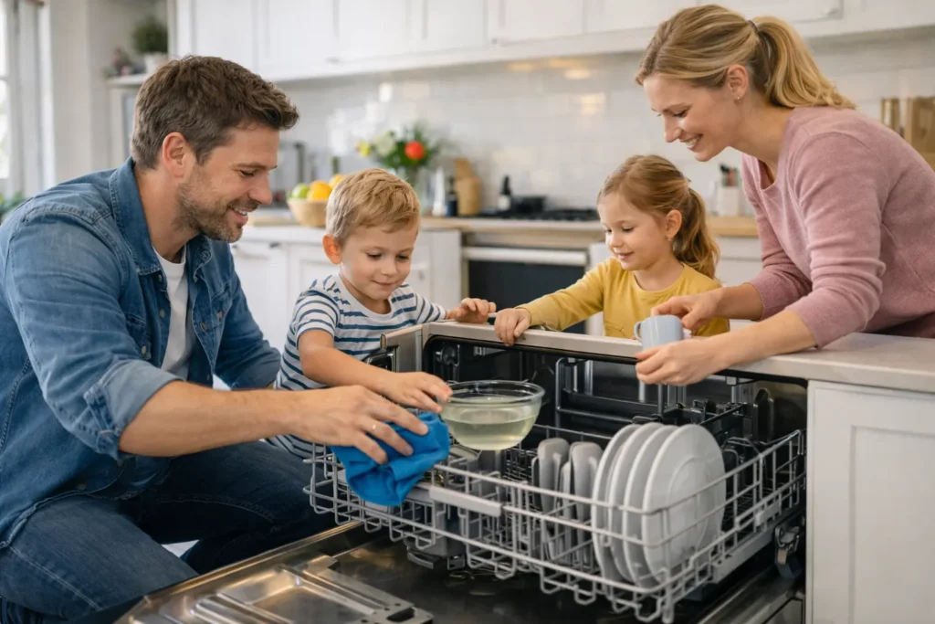 family cleaning and loading a dishwasher together in a kitchen while learning how often to clean dishwasher parts to maintain appliance performance