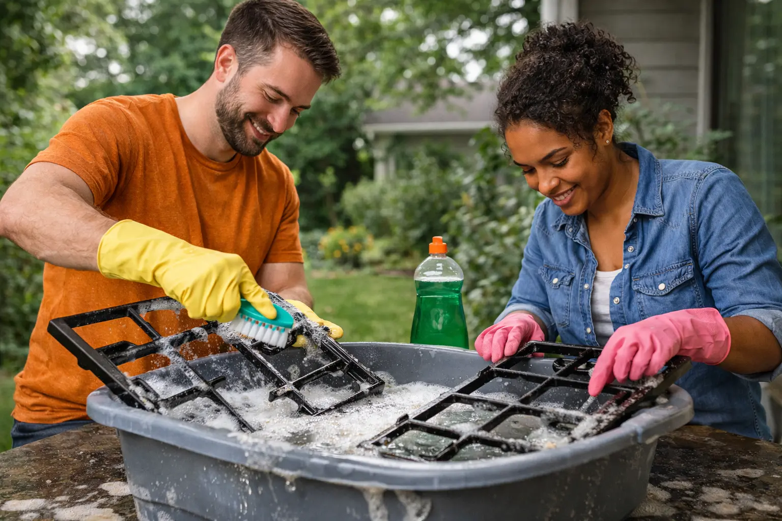 People scrubbing gas stove grates in soapy water while learning how to clean gas stove top burners and remove grease buildup.