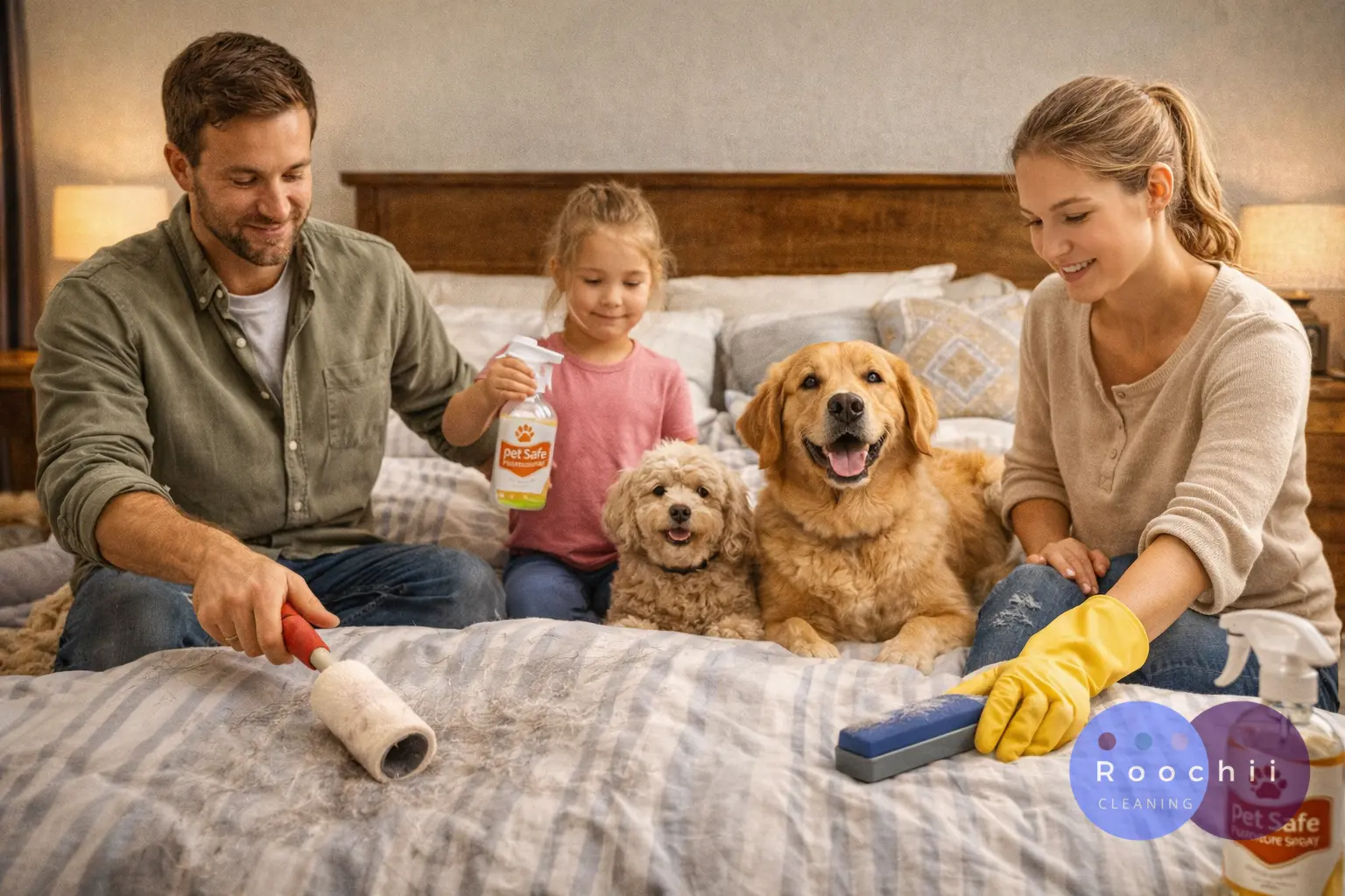 how to keep pet hair off furniture by cleaning pet hair from bed using lint roller brush and spray with dogs and family