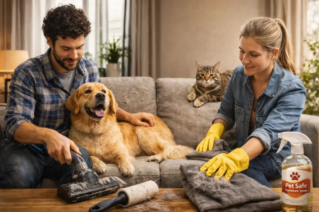 How to Keep Pet Hair Off Furniture: 15 Simple Tips That Actually Work 89 how to keep pet hair off furniture using vacuum lint roller and cleaning tools on couch with dog and cat