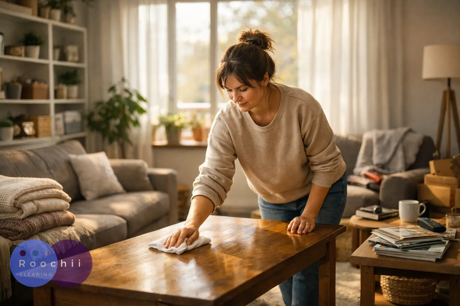 Woman wiping a wooden coffee table in a cozy living room, illustrating why is cleaning therapeutic for mental clarity and stress relief.