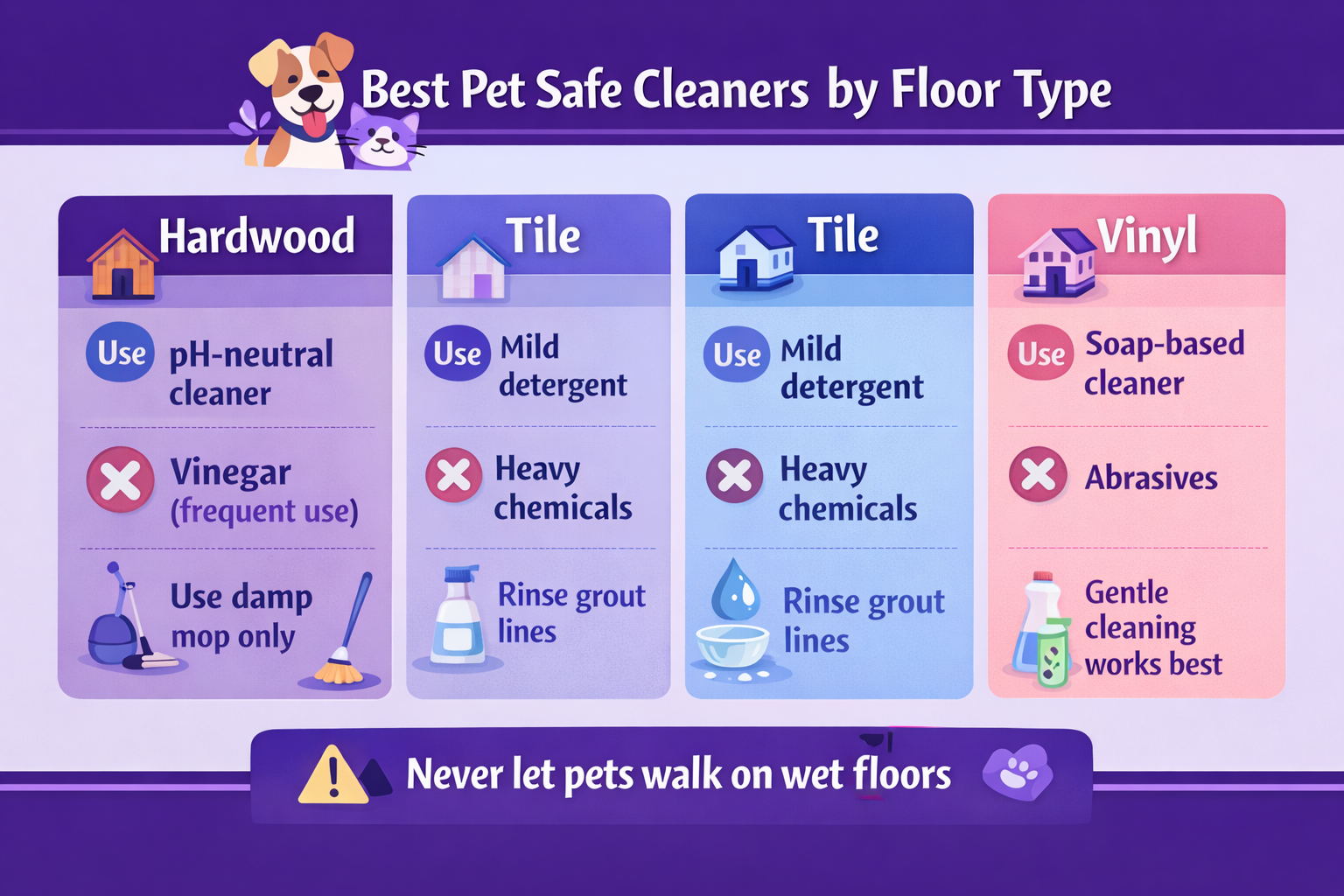 The Ultimate Guide to Pet Safe Floor Cleaners (Non-Toxic, Vet-Approved & Effective) 4 Pet safe floor cleaners guide showing safe cleaning methods for hardwood, tile, and vinyl floors